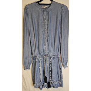 Rebecca Minkoff Denim Romper Shorts Frayed Tassels Longsleeve Button Up